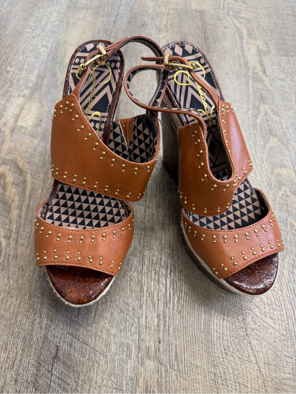 Jessica Simpson Tan Studded Leather Wedge Sandals